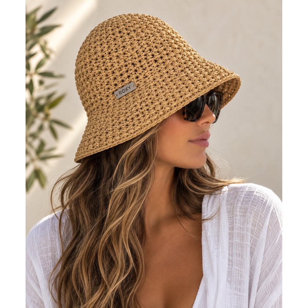 ROXY Waves Song Woven Bucket Hat M/L Natural Paper Beach Sun Hat ERJHA04230